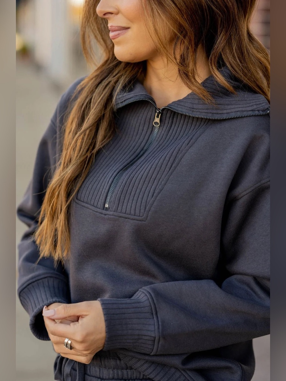 Aerie Down To Earth Charcoal Grey Quarter Zip Oversized Pullover Sweatshirt XS